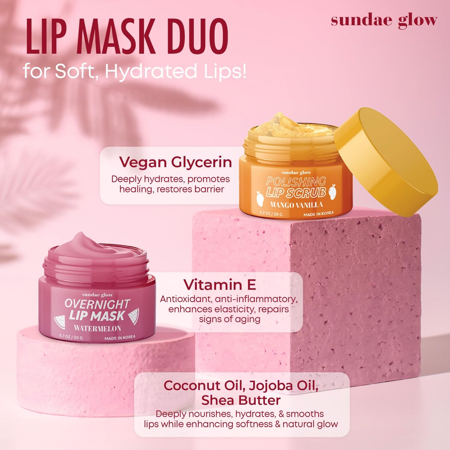 Mango, Vanilla & Watermelon Duo Lip Mask & Scrub - Dermatologist Tested, Anti-Aging, Korean Skin Care, Deep Hydration - Smooth, Soft & Plump Lips - Clean Beauty, Vegan, Non-GMO - 1 Pack