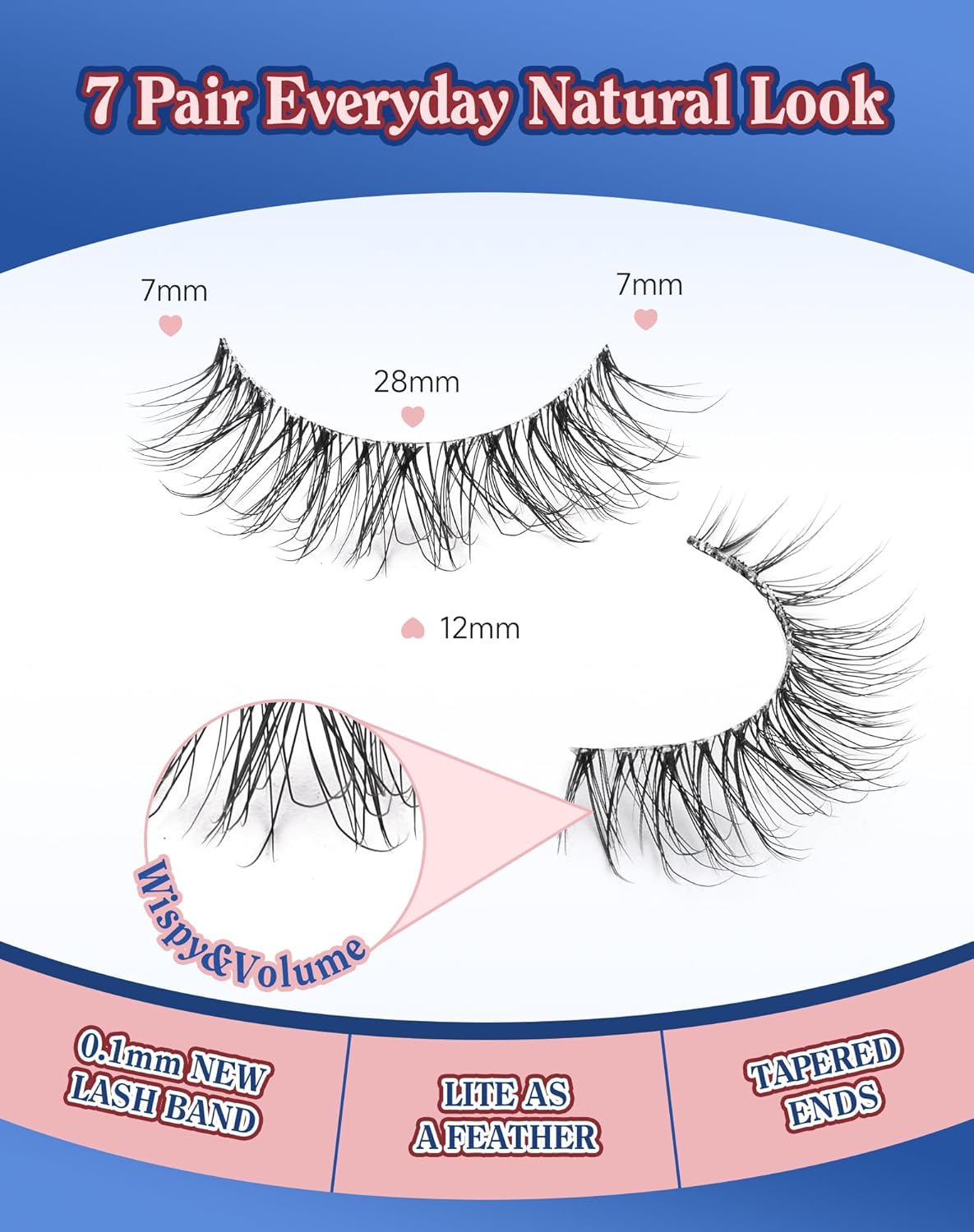 Eyelashes Natural Look Wispy Lashes Flared Strip False Eyelash Short Lash Soft False Eyelashes Fluffy Pack 7 Pairs Everyday 12MM D86