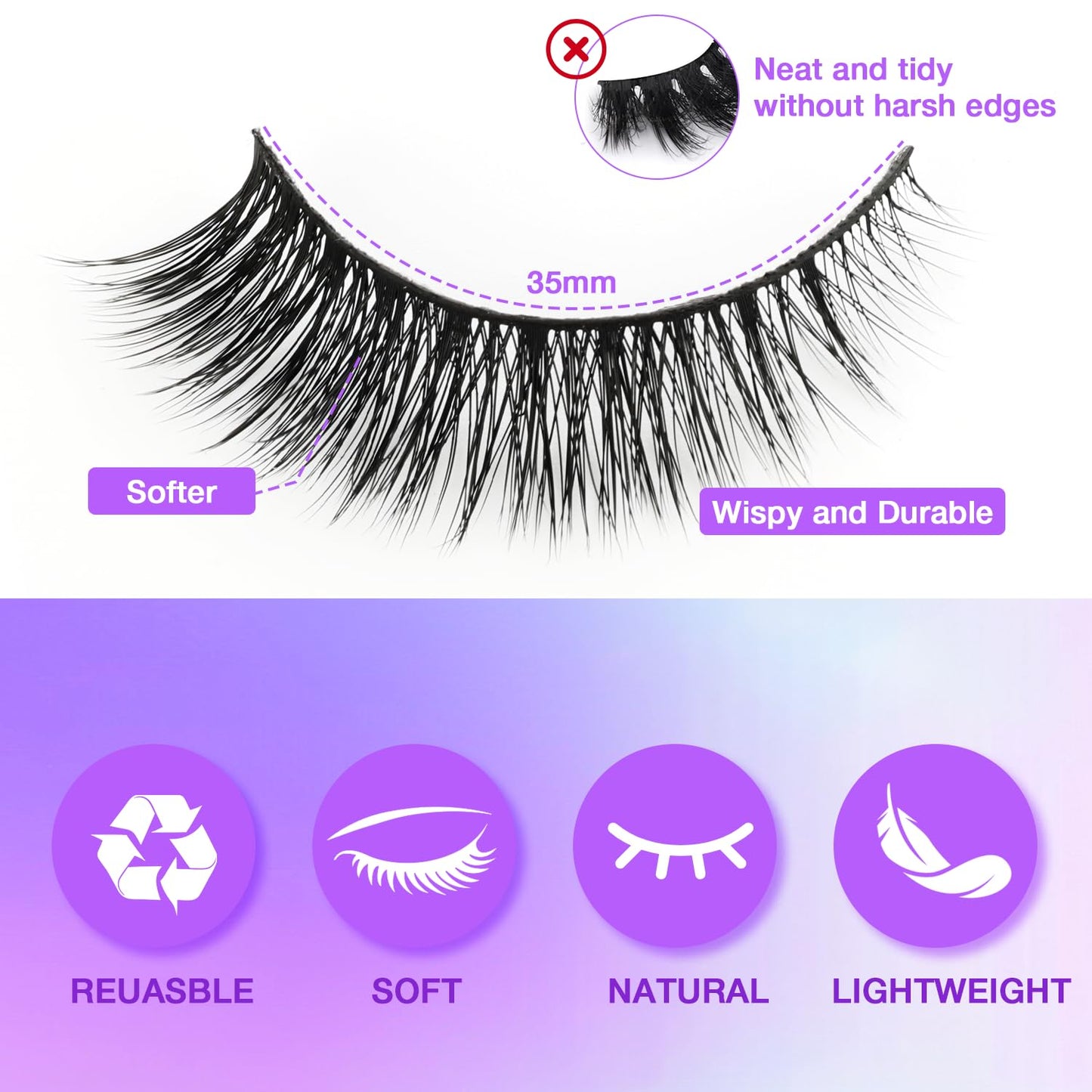Wispy False Eyelashes Kit With Bond, Seal and Tweezer, 7 Pairs Natural Look Fake Cat Eye Lashes Strips Thin Band Extensions Waterproof Easy Eyelashes for Beginners RQ45
