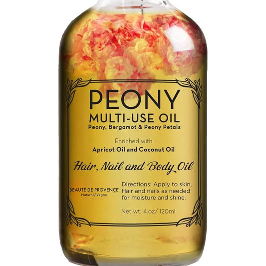 Peony Multi-Use Oil for Face, Body and Hair - Organic Blend of Apricot, Vitamin E Sweet Almond Oil for Dry Skin, Rose Petals & Bergamot Essential Oil - 4 Fl Oz