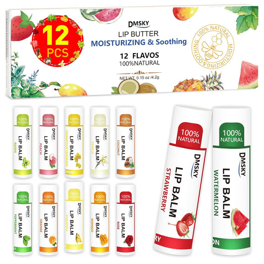 DMSKY 12 Pack Lip Balm, Natural Lip Balm Bulk with Vitamin E and Coconut Oil, Moisturizing Lip Balm for Chapped Lips, Bulk Lip Balm for Women-12 Flavors