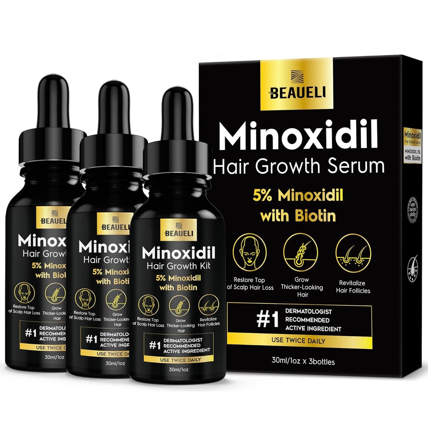 5% Minoxidil for Men and Women, Hair Growth, Beard Growth, Hair Regrowth, Unscented Drop, 3 Fl Oz, 3 Bottles