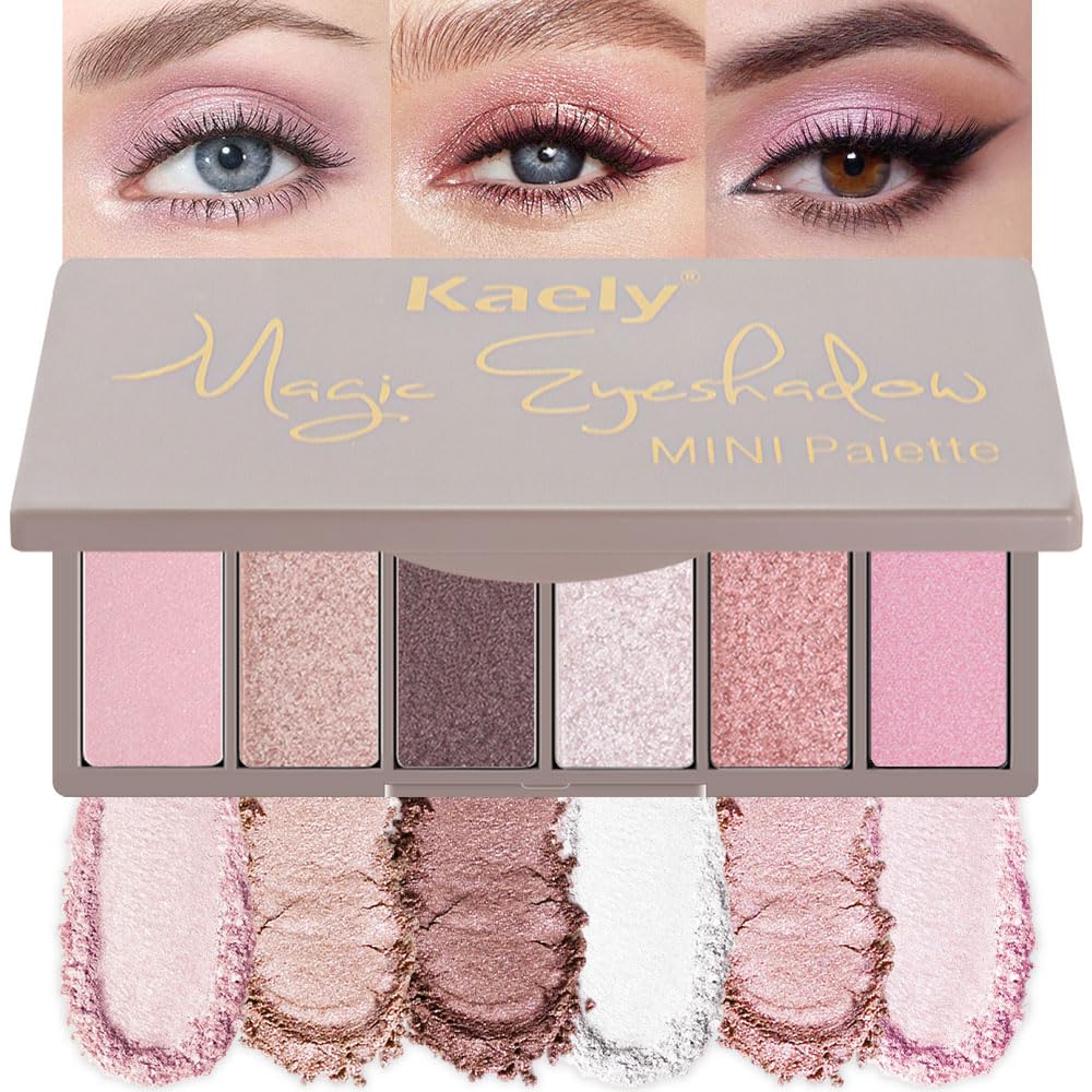 evpct 6 Colors Travel Eye Shadow Palette Makeup, Light Baby Pink Champagne Mink Mauve Pearl White Rose Shimmer Glitter Sparkly High Pigment Mini Eyeshadow Palette for Older Women, Built in Mirror