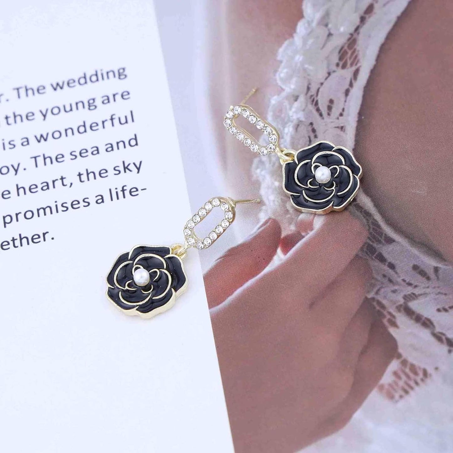Vintage Black Crystal Flower Drop Earrings Black Flower Earrings Pearl Camellia Earrings Black Camellia Stud Earrings Jewelry for Women