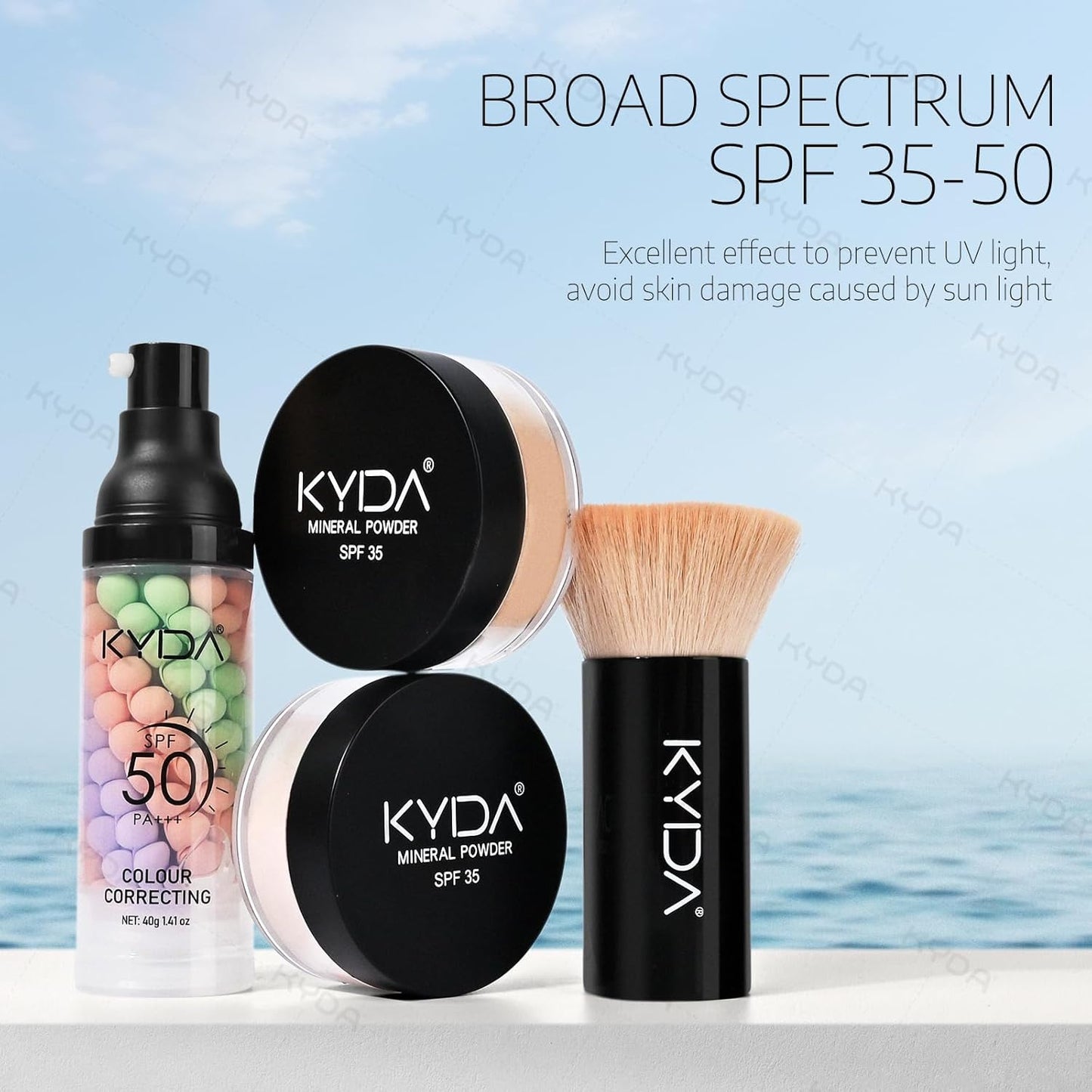 KYDA Mineral Makeup Kit, Includes SPF 50 Color Correcting Primer, SPF 35 Loose Powder Foundation + Translucent Loose Setting Powder, Foundation Brush, Makeup Starter Set, Travel Size - Medium Beige