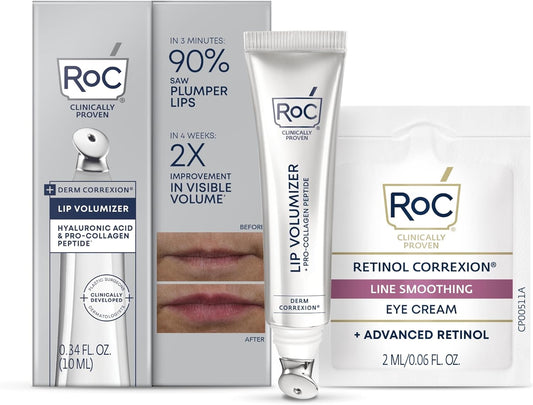 RoC Derm Correxion Lip Volumizer - Lip Plumper Peptide Treatment with Hyaluronic Acid & Vitamin E + Line Smoothing Eye Cream Packette