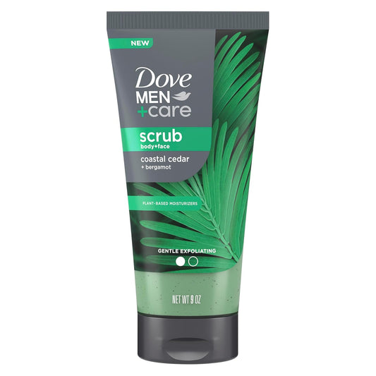 Dove Men+Care Body and Face Scrub Costal Cedar Deeply Exfoliates for Hydrated & Nourished Skin 100% Gentle Cleanser, No Sulfate Cleansers or Parabens, 98% Biodegradable Formula 9 oz