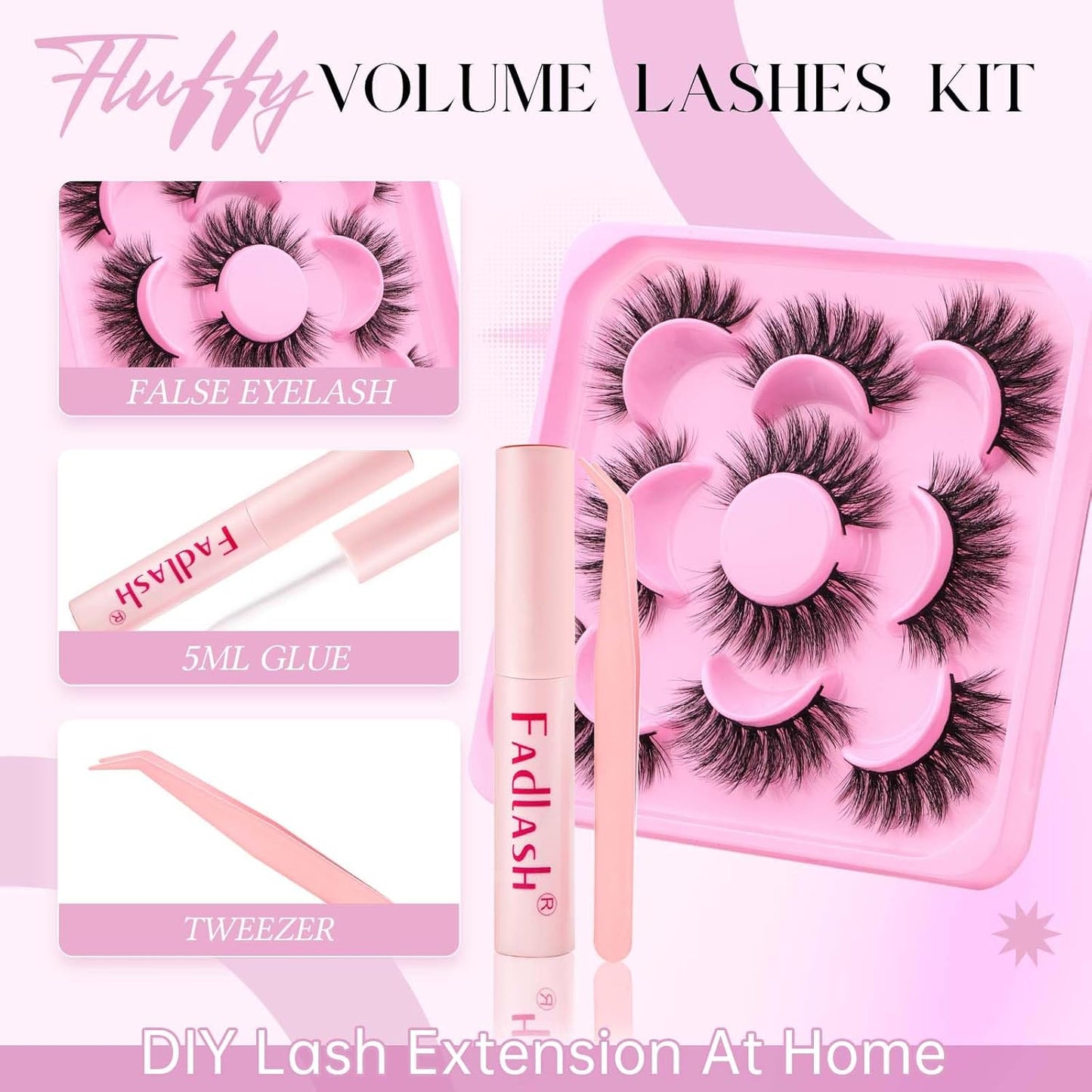 False Eyelashes Kit Natural Black Cat Eye Lashes with Thin Band Wear Comfortable Fake Lashes 5 Pairs Lash Applicator Tool at Home by FADLASH, LZE25