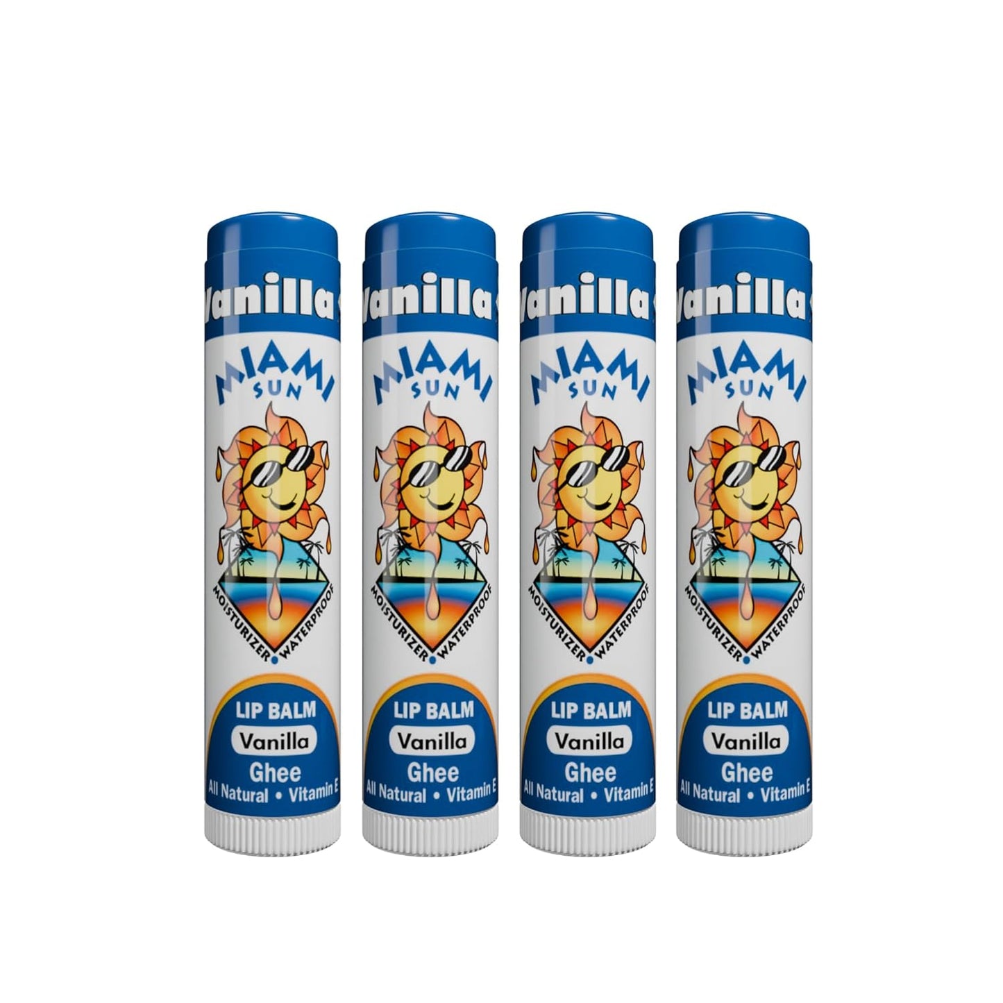 Miami Sun Natural Ghee Lip Balm, Hydrating Lip Treatment with Shea Butter & Beeswax, Organic & Non-Toxic, Best for Dry, Chapped Lips - Moisturizing, Healing, Chemical-Free Lip Care (4 Count, Vanilla)