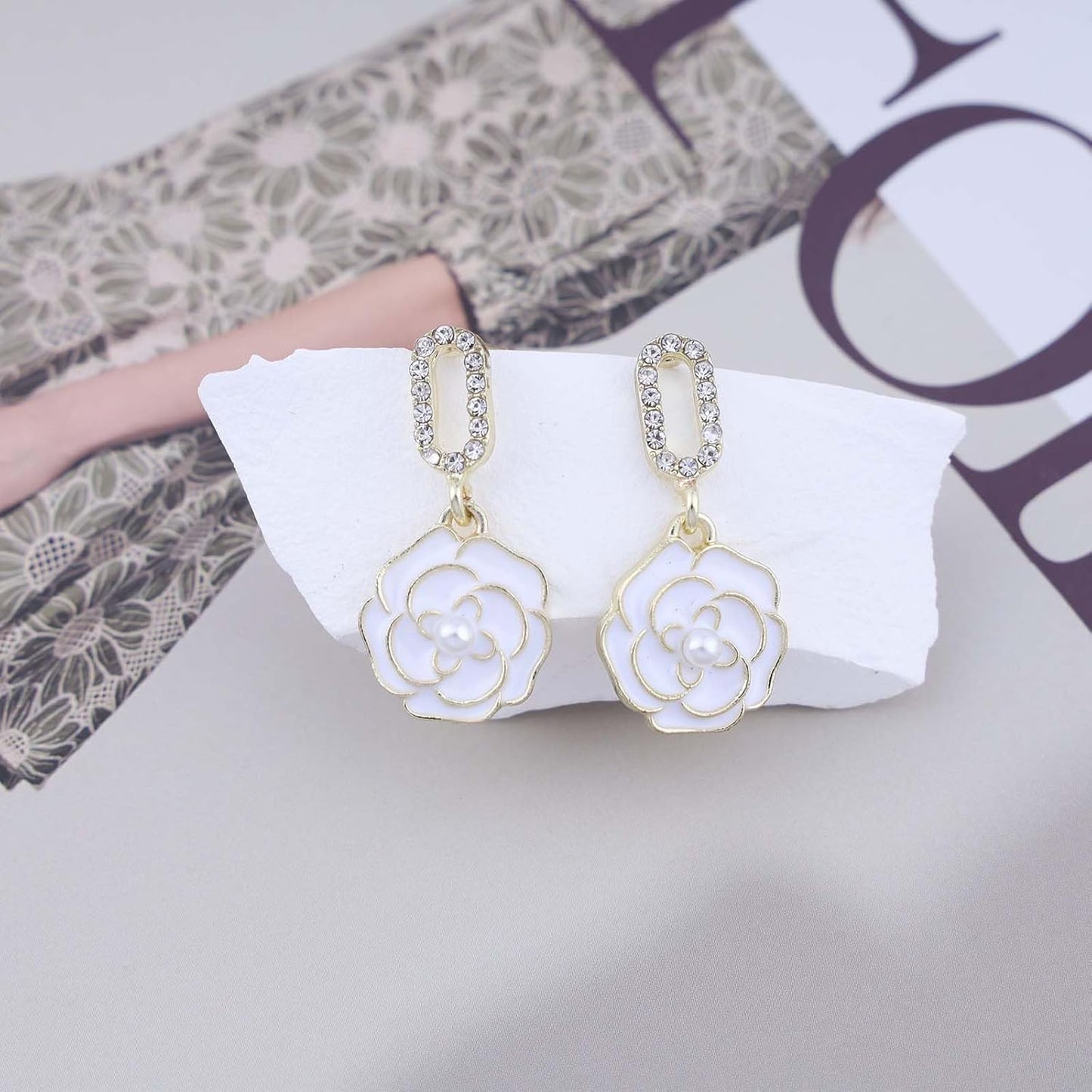 Vintage Black Crystal Flower Drop Earrings Black Flower Earrings Pearl Camellia Earrings Black Camellia Stud Earrings Jewelry for Women