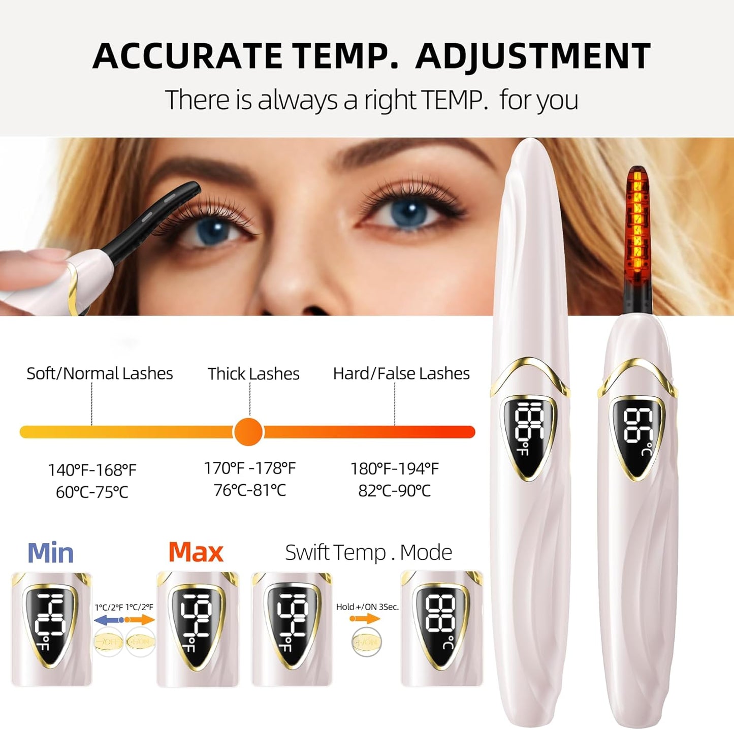 ZAPAL Heated Eyelash Curler, S600 Rechargeable Heated lash Curler, Intelligent Power Off Electric Eyelash Curler Heated Quickly 24 Hs Lasting Natural Makeup for Woman - Petal Pink/Gold