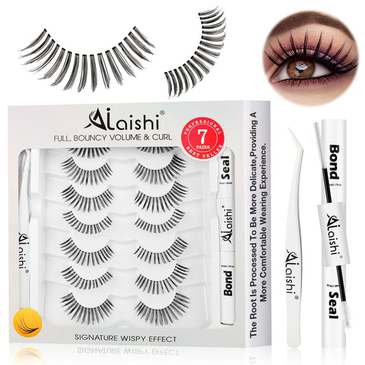 Wispy False Eyelashes Kit With Bond, Seal and Tweezer, 7 Pairs Natural Look Fake Cat Eye Lashes Strips Thin Band Extensions Waterproof Easy Eyelashes for Beginners DF99#