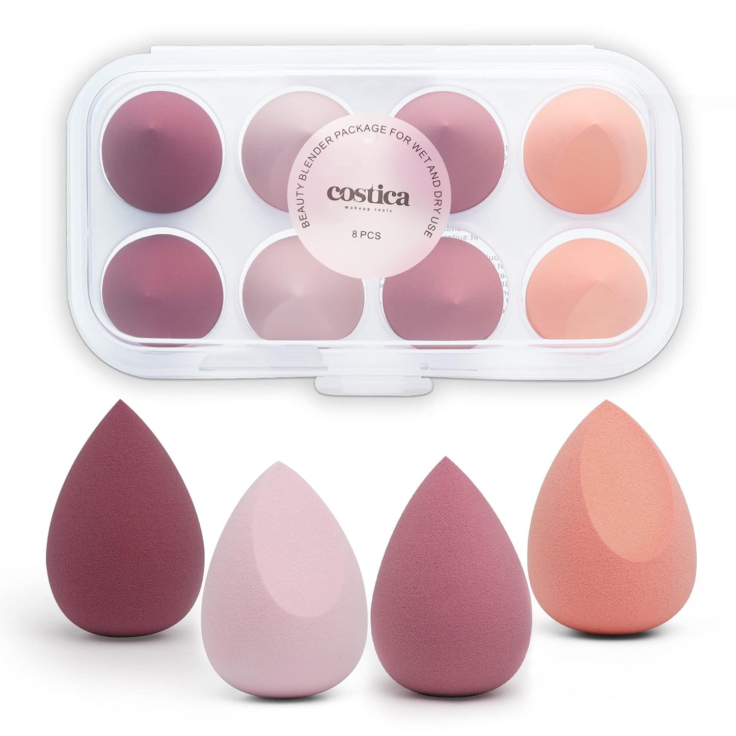 COSTICA Makeup Sponge, 8 Pcs Beauty Blender for Foundation Blending Sponge, Pink Makeup Blender with Storage Box, Flawless for Liquid Cream and Powder