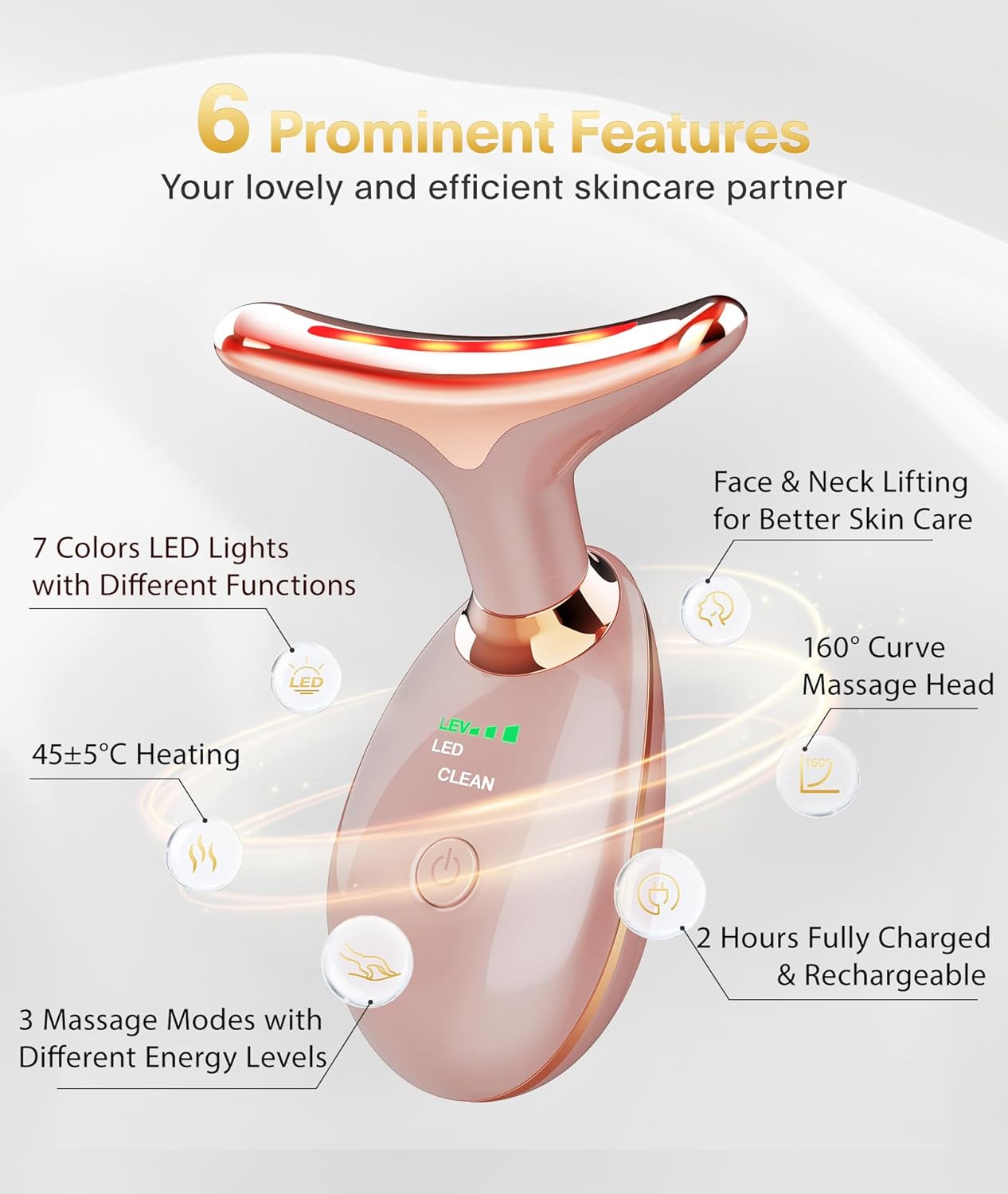 Light Based Face-Neck-Massager - 7 Color Portable Facial Massager for Skin Care, Rose Gold