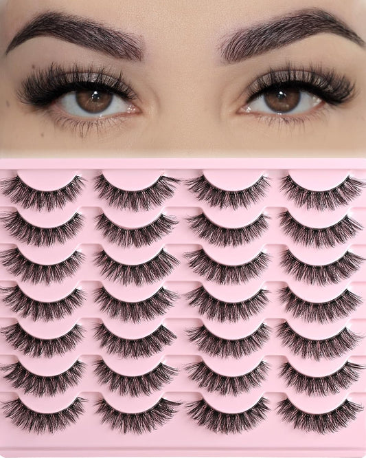 FARRED Cat Eye Lashes False Eyelashes Short Wispy Lash Strips Volume Eyelash 14 Pairs Cateye Medium Length False Clear Band Lashes Natural Looking Hybrid Clusters Full Strip Lashes (F25 | 8-14mm)