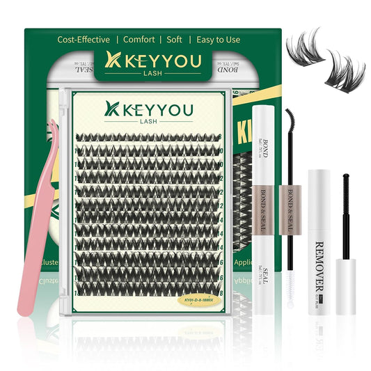 KEYYOULASH DIY Lash Extension Kit 120pcs 8-18MIX Lash Clusters Eyelash Extension Kit with Lash Bond and Seal,Remover,Applicators for DIY Lash Extensions at Home (KY01 Kit)