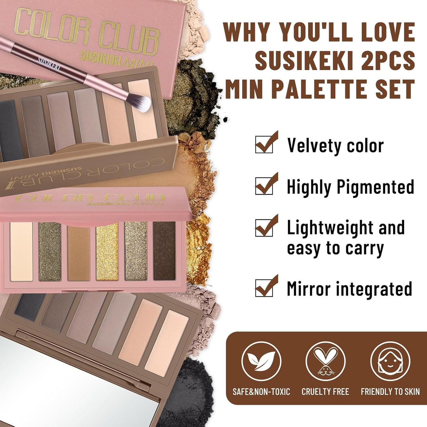 2PCS 6 Colors Mini Eyeshadow Palette Makeup with Brush Set Neutral Nude Eye Shadow Brown & Olive-colored Matte Shimmer Make Up Pallet with Mirror Highly Pigmented Travel Size Gift Kit