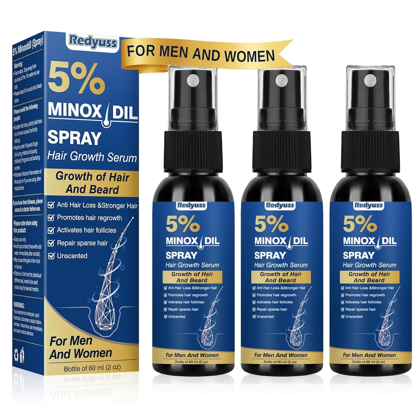 5% Minoxidil for Men and Women Hair Growth Spray Serum Minoxidil Biotin for Hair Beard Growth Prevent Hair Loss for Thicker Longer Fuller Healthier Hair 3 Bottles of 2oz