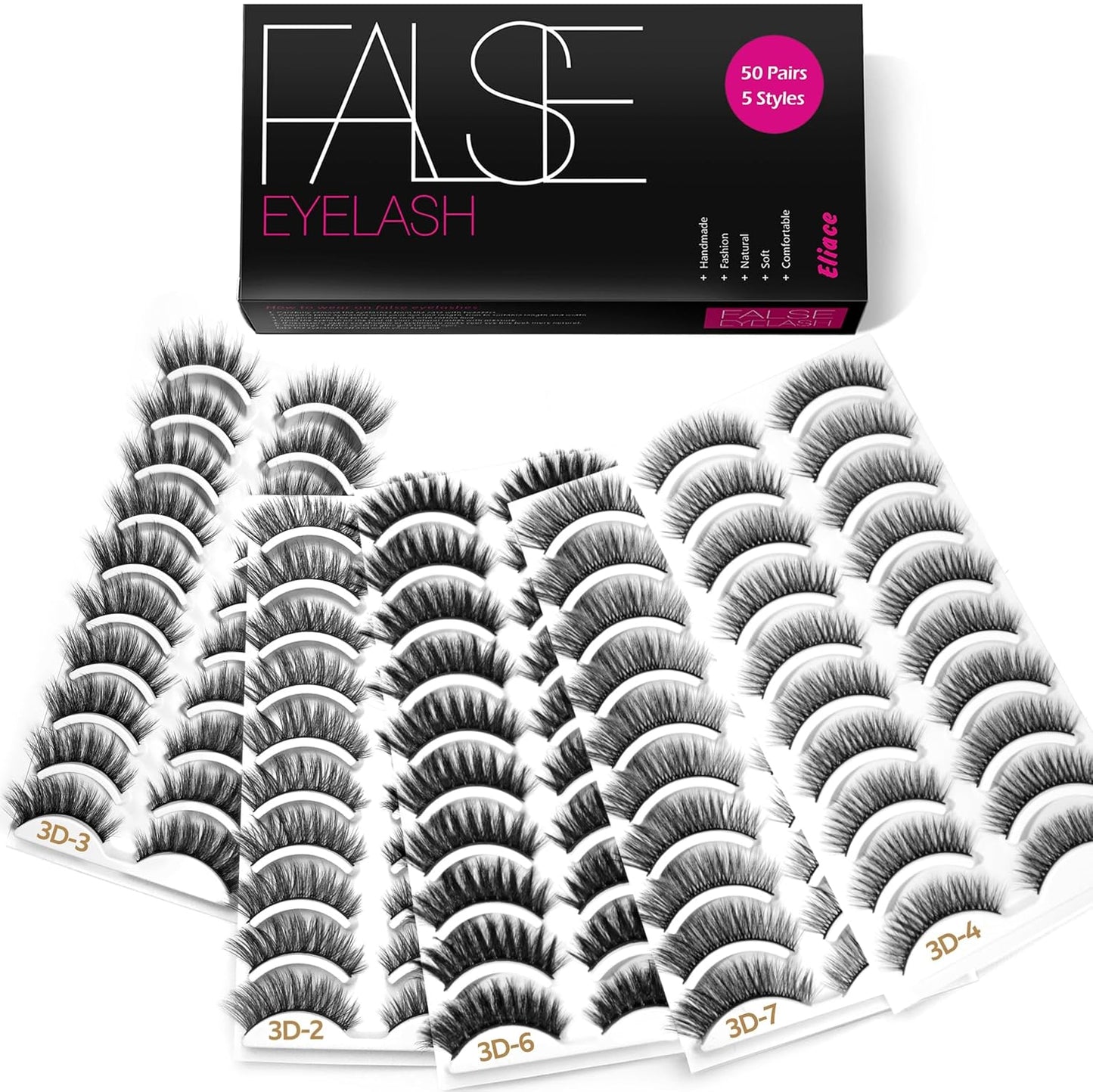 Eliace Eyelashes, (50 Pairs,5 Styles) Luxurious Faux Mink Lashes Natural Look Wispy Fluffy Handmade Cat Eye False Lash Pack, False Eyelashes Set, Fake Lashes Strips, Makeup Fake Eyelashes Pack