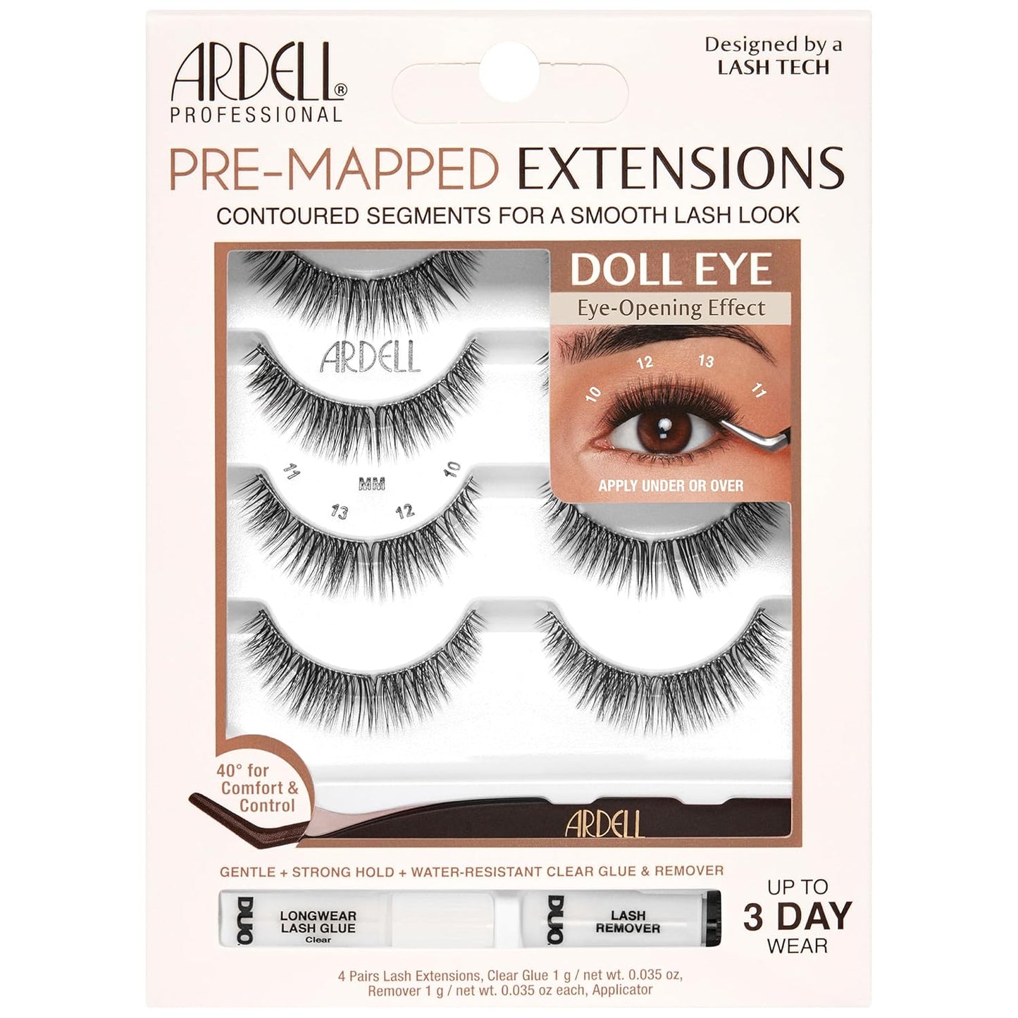 Ardell Pre-Mapped Eyelash Extensions Kit - False Lashes Doll Eye, Reusable Segmented Lash Strips, Long-Lasting with Lash Glue and Remover, 4 Pack