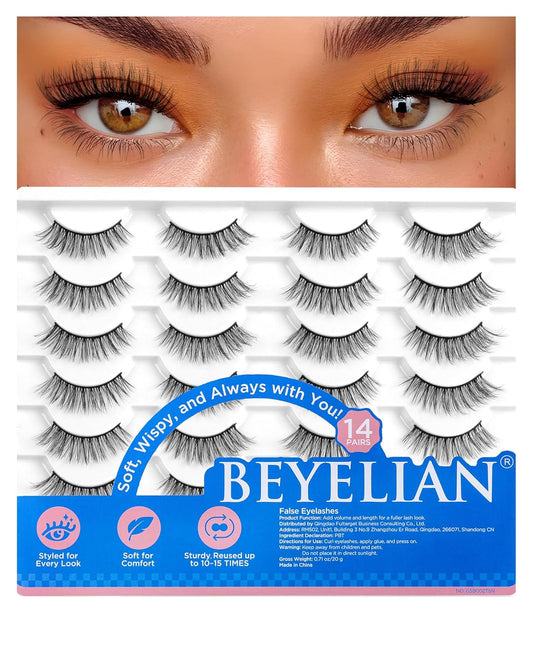 BEYELIAN False Eyelashes 14 Pairs Eye Lashes 8-14mm Strip Lash Pack Soft 3D Volume Faux Mink Lashes That Look Like Extensions C219