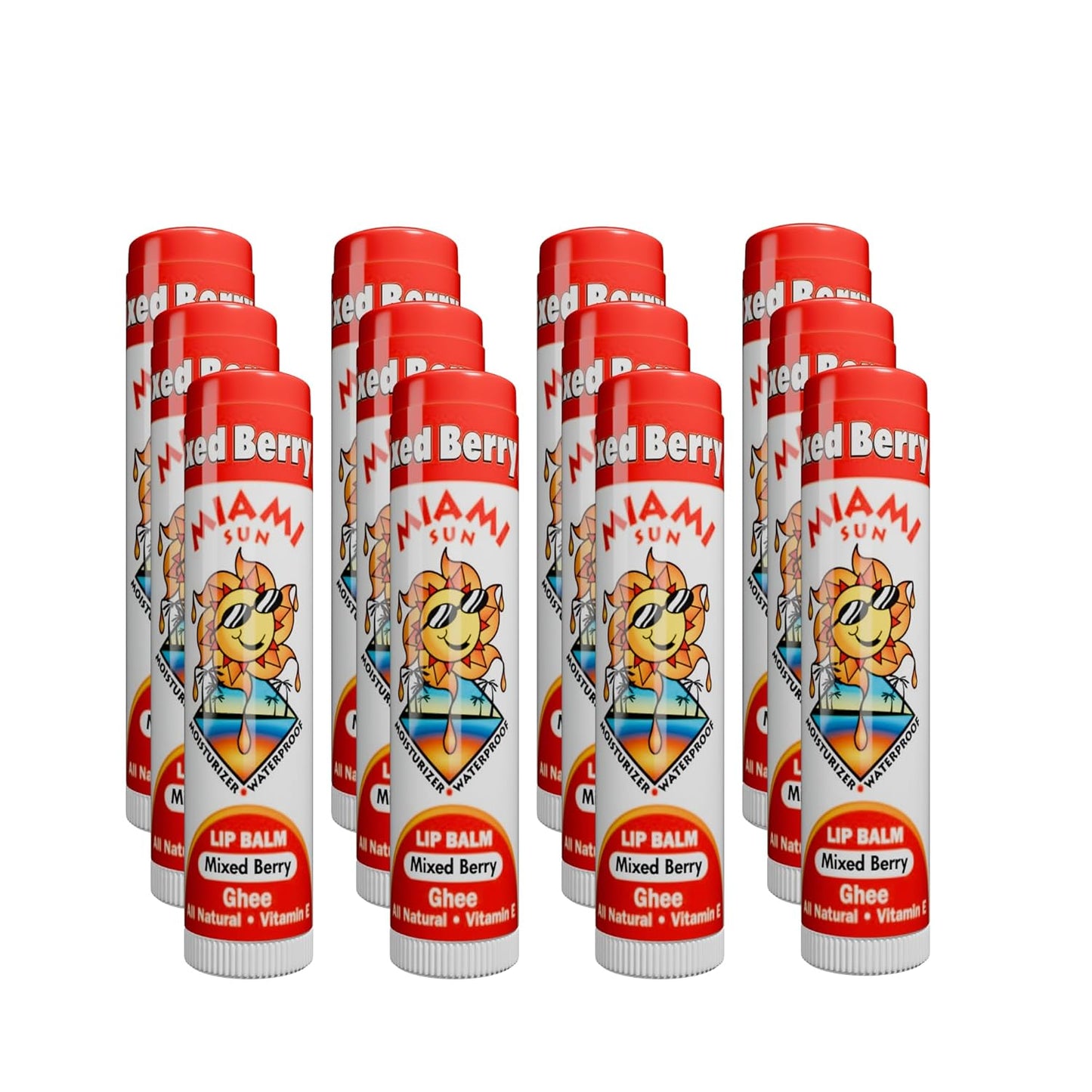 Miami Sun Natural Ghee Lip Balm, Hydrating Lip Treatment with Shea Butter & Beeswax, Organic & Non-Toxic, Best for Dry, Chapped Lips - Moisturizing, Healing, Chemical-Free Care (12 Count, Mixed Berry)