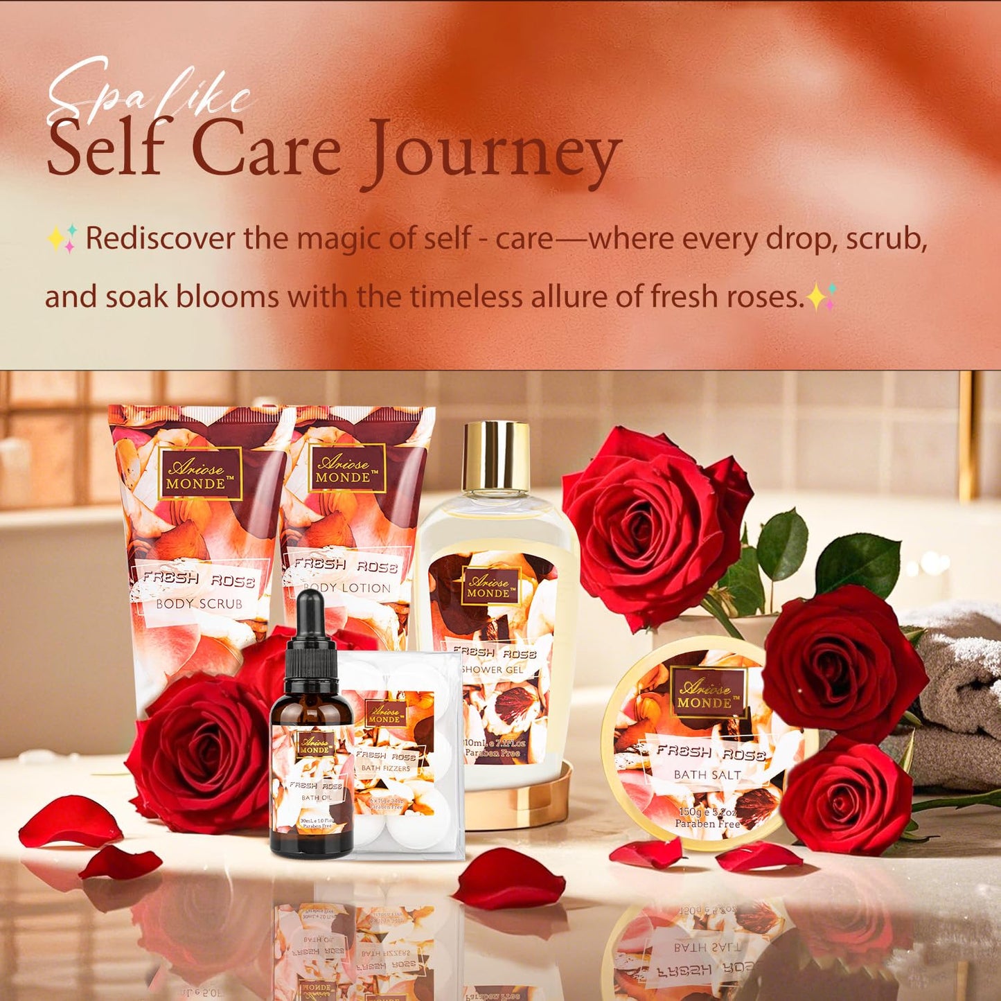 Fresh Rose Spa Gift Set for Women, 8-Piece Relaxing Bath Set with Shower Gel, Bubble Bath, Body Lotion, Self Care Gift for Any Occasion, Birthday Gifts for Women, Spa Kit for Mom Gifts