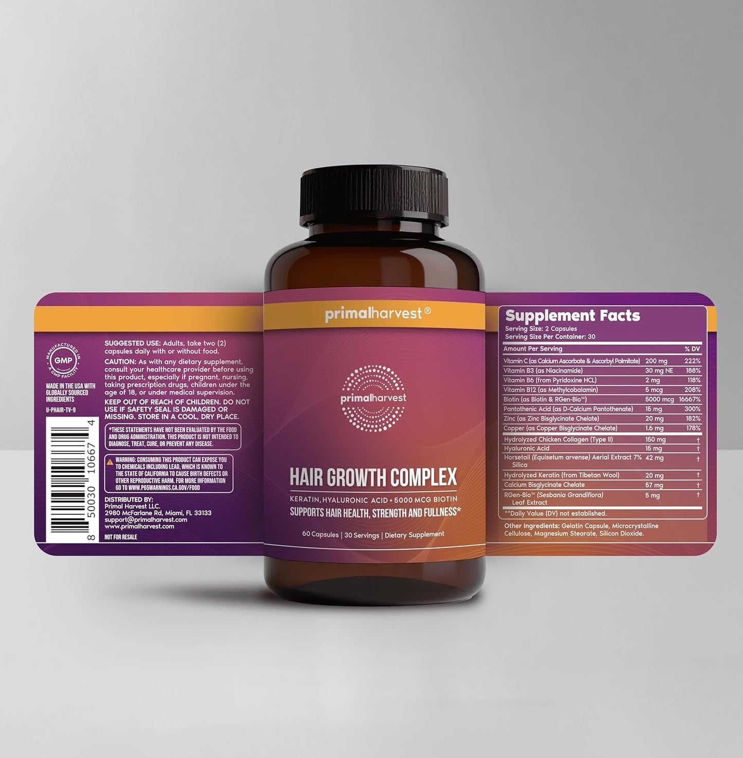 Primal Harvest Hair Growth Vitamins, 2 Pack - 120 Pills, Natural Hair Regrowth, Thickening, and Supplement for Men & Women with Biotin & Zinc