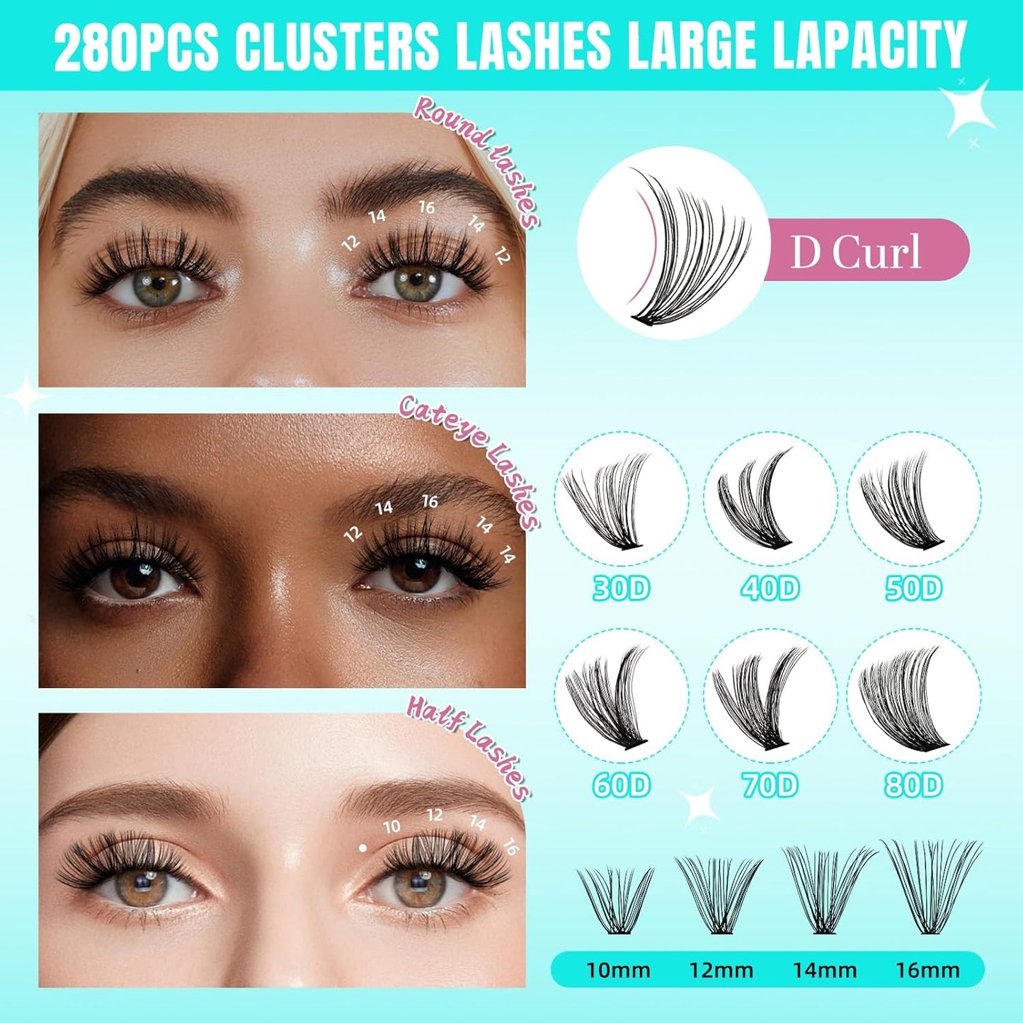 Lash Clusters Wispy 280PCS Eyelash Extension 30D 40D Cluster Lashes Individual Lashes DIY Lash Extension Natural Look Cluster Eyelash Extensions Soft False Eyelashes at Home for Beginners(10mm)