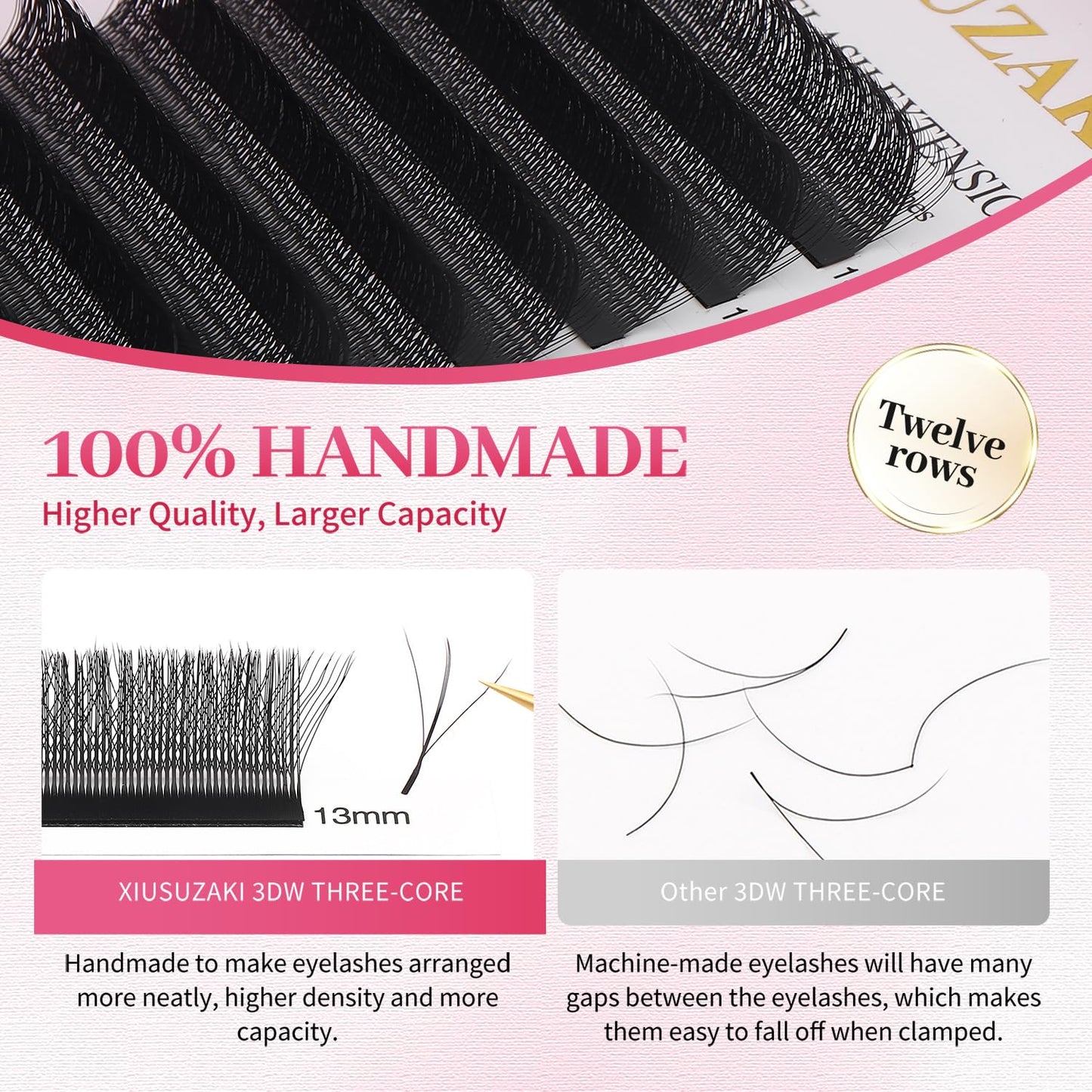 Lash Extensions Three Core Tips 3D Eyelash Extensions W Shape 0.07mm Thickness D Curl 11mm Premade Fans Easy Fan Volume Lashes Matte Black Crisscross(W-3D-Three Core-0.07-D,11mm)
