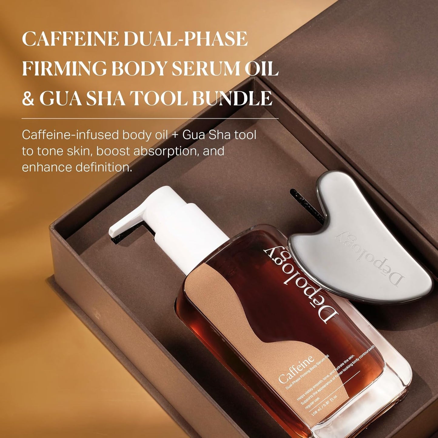 depology Caffeine Body Firming Serum Oil – Non-greasy Hydrating Body Glow Dual-Phase Oil for Dry, Aging Skin with Gua Sha Tool – Skin Tightening Oils with Squalane, Camellia & Caffeine – 5.07 fl oz