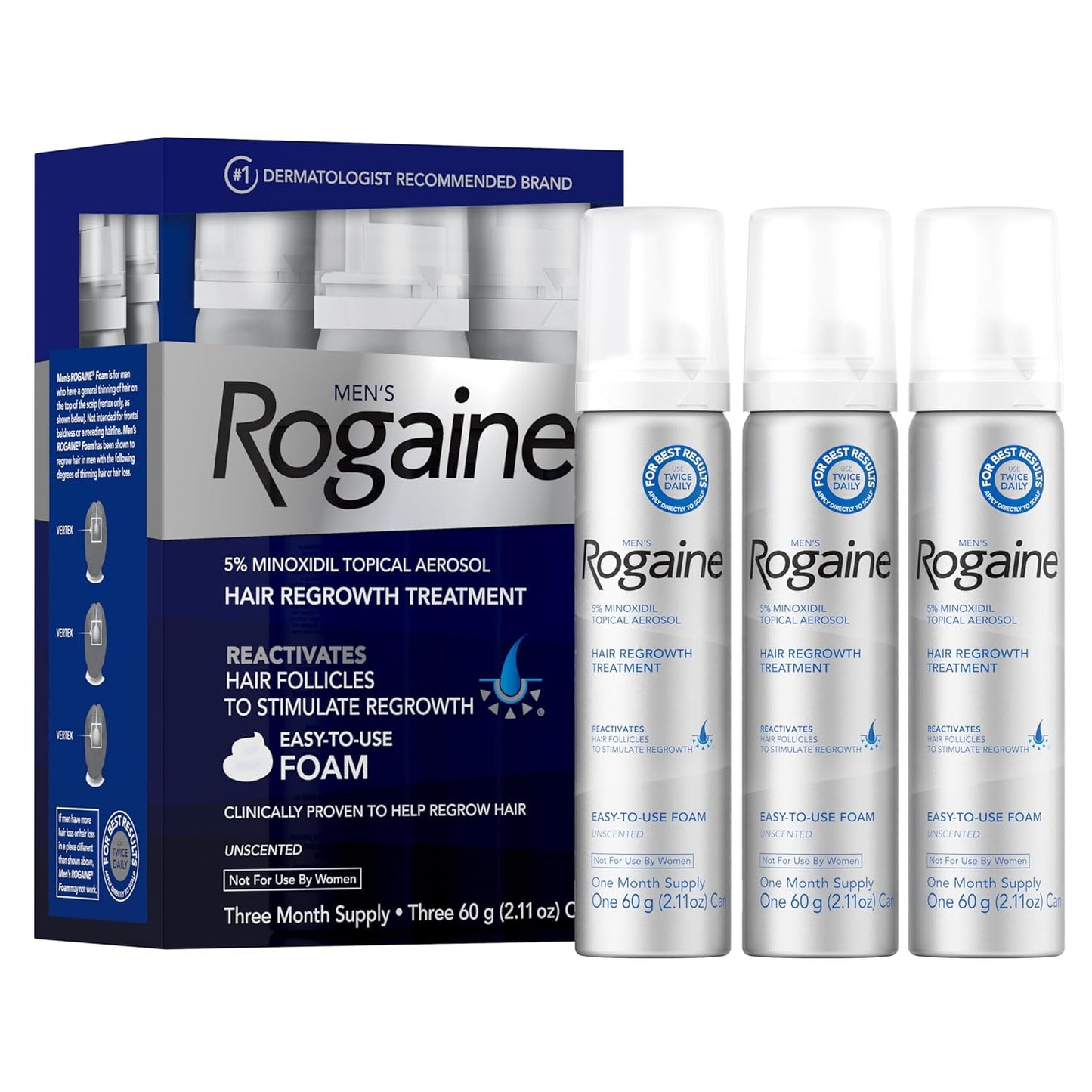Men's Rogaine 5% Minoxidil Foam for Hair Regrowth, Topical Hair Loss Treatment for Men to Regrow Fuller, Thicker Hair, Unscented Minoxidil Topical Aerosol, 3-Month Supply, 3 x 2.11 oz
