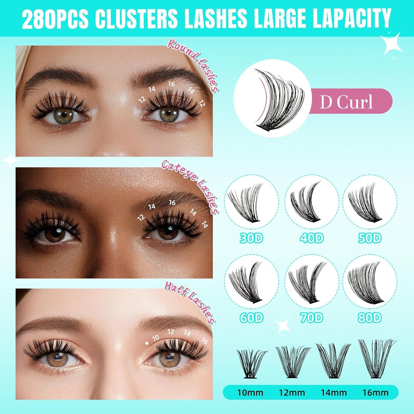 Lash Clusters Wispy 280PCS Eyelash Extension 40D Cluster Lashes Individual Lashes DIY Lash Extension Natural Look Cluster Eyelash Extensions Soft False Eyelashes at Home for Beginners(16mm)