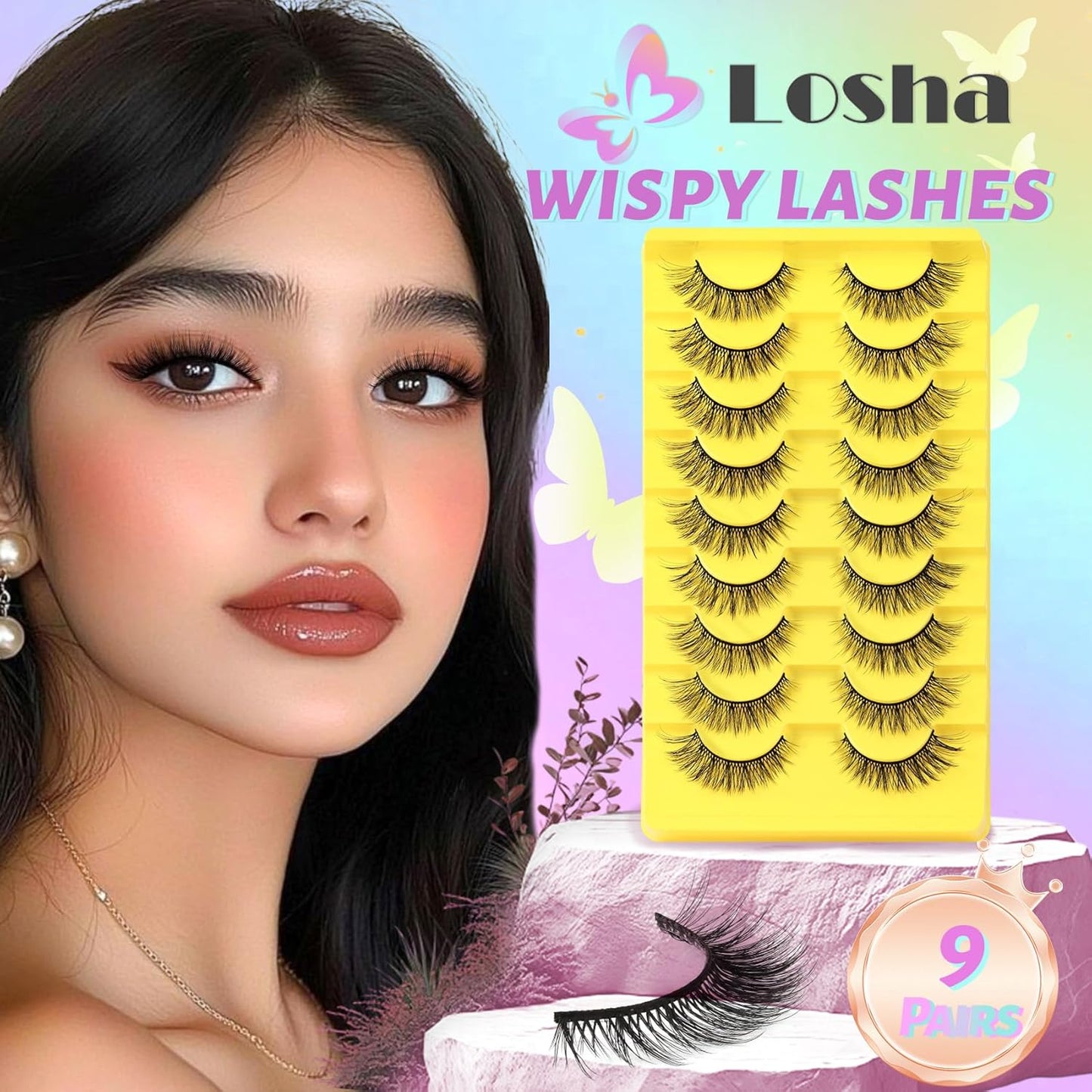 Losha Lashes Wispy Cat Eye Lashes 3D Natural False Eyelashes 9 Pairs Thin Faux Mink Lashes Pack Soft Lightweight Fake Eyelashes (Wispies)