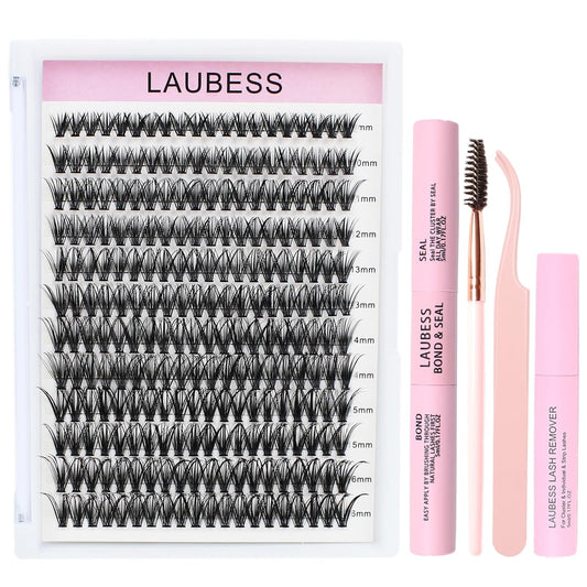 Lash Extension Kit LAUBESS Lash Clusters Kit Cluster Eyelash Extensions Kit Eyelash Clusters Lash Bond and Seal Waterproof Tweezers Brush Lash Glue Remover (Kit 40D-D-Mix9-16)