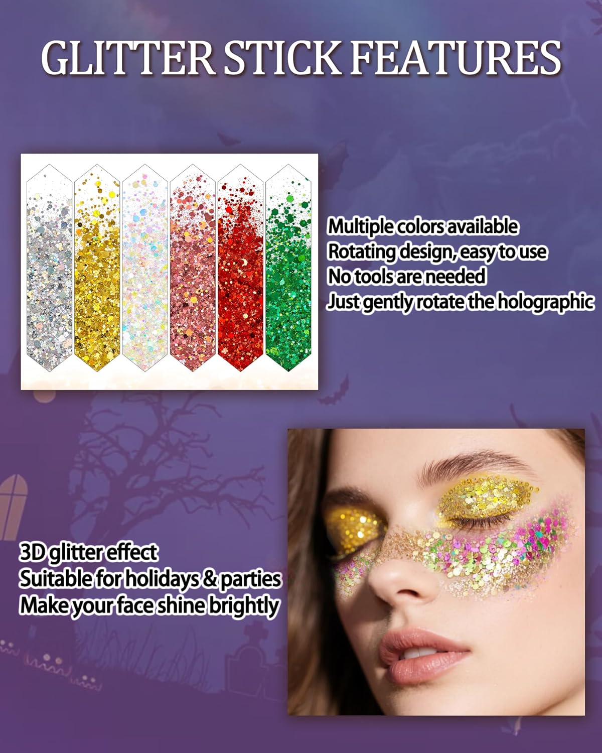 Body Glitter Stick, Waterproof Long Lasting Sparkling Face Shimmer Makeup, Singer Concerts Disco Music Halloween Festival Rave Accessories, Holographic Chunky Sequins Hair Stick,Gift for Women girl-01