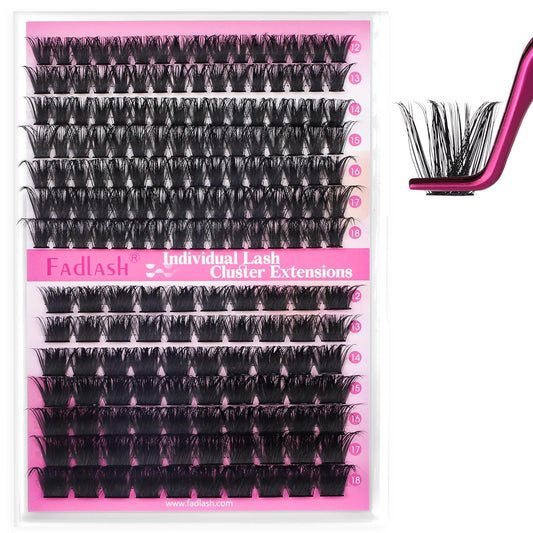 FADLASH Cluster Lashes D Curl Wispy Individual Lashes DIY Eyelash Extension Natural Look Reusable Fluffy Cluster Eyelash Extensions Self Application at Home (100D+200D-0.07D-12-18MIX)