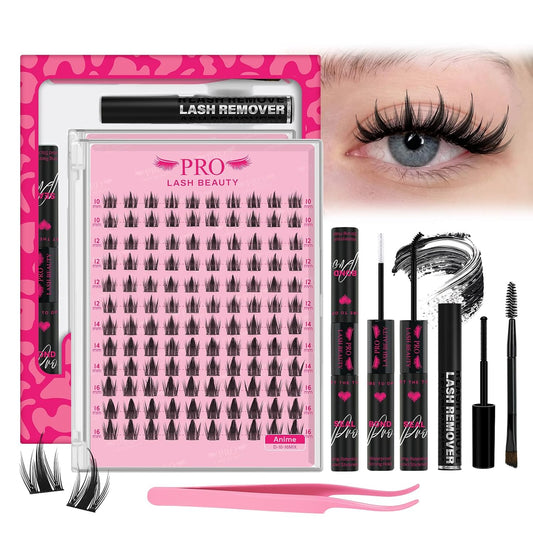 PROLASHBEAUTY Manga Lash Clusters Kit Anime Lash Clusters Volume Fairy Ultra-Thin Band Spike Lashes with Lash Bond and Seal Applictor Remover (Anime,10-16mix)