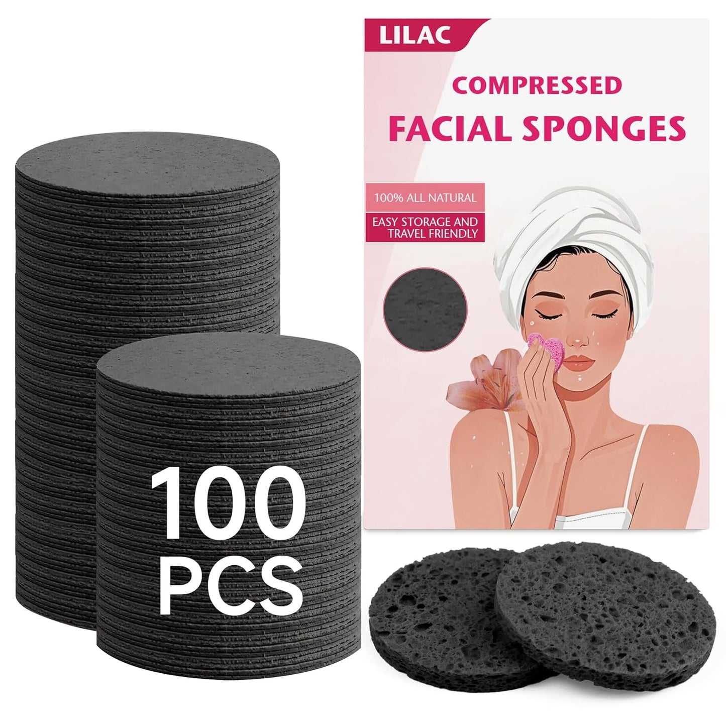 100 Count Compressed Facial Sponges 100% Natural Cellulose Eco-Friendly Makeup Sponges for Gentle Cleansing, Exfoliating & Stubborn Makeup Removal Travel for Women (Round Black)