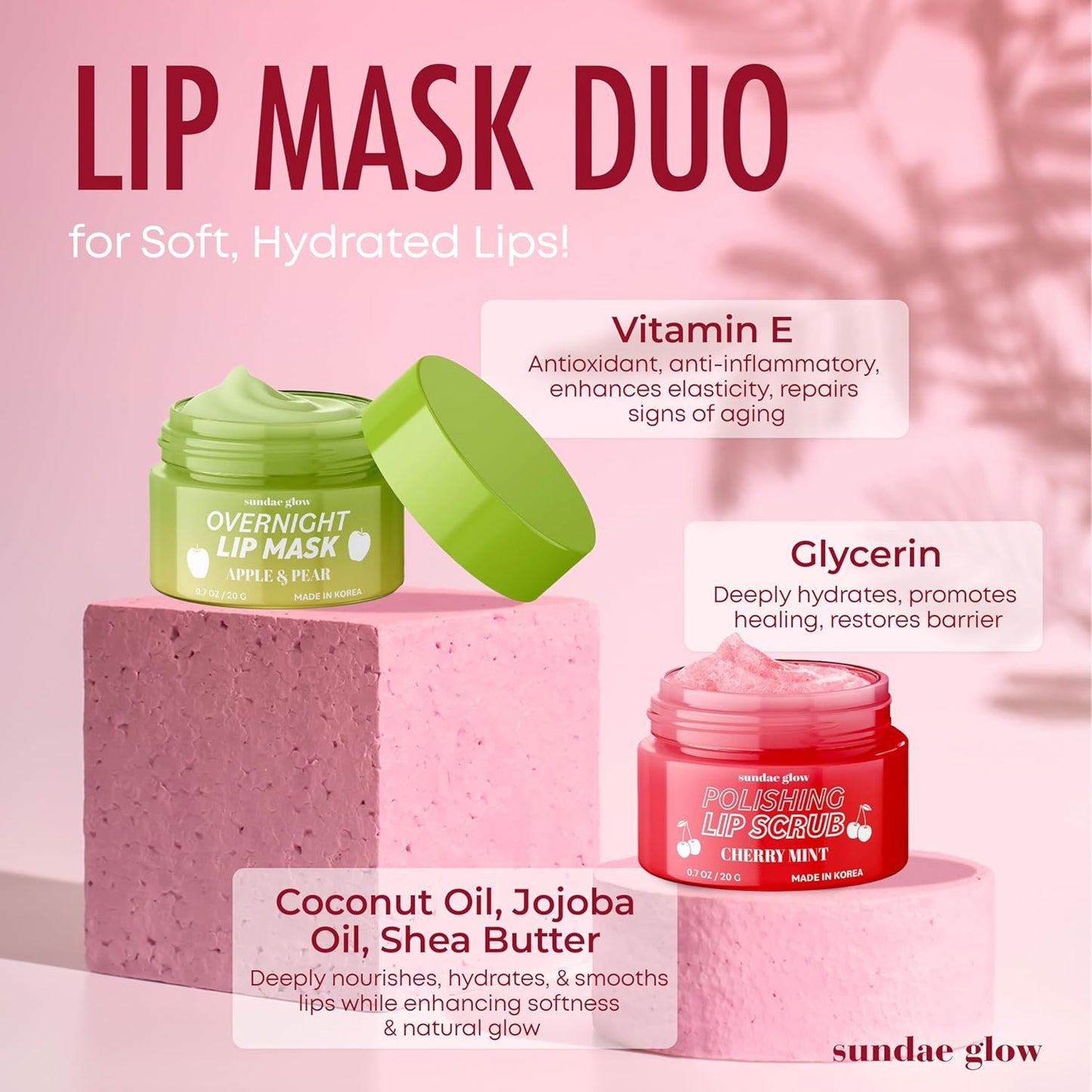 Apple, Pear, Cherry & Mint Lip Mask and Scrub - Dermatologist Tested, Hydrating & Exfoliating, Korean Skin Care, Nourishes, Softens & Brightens Lips - Vegan & Natural - 1 Pack