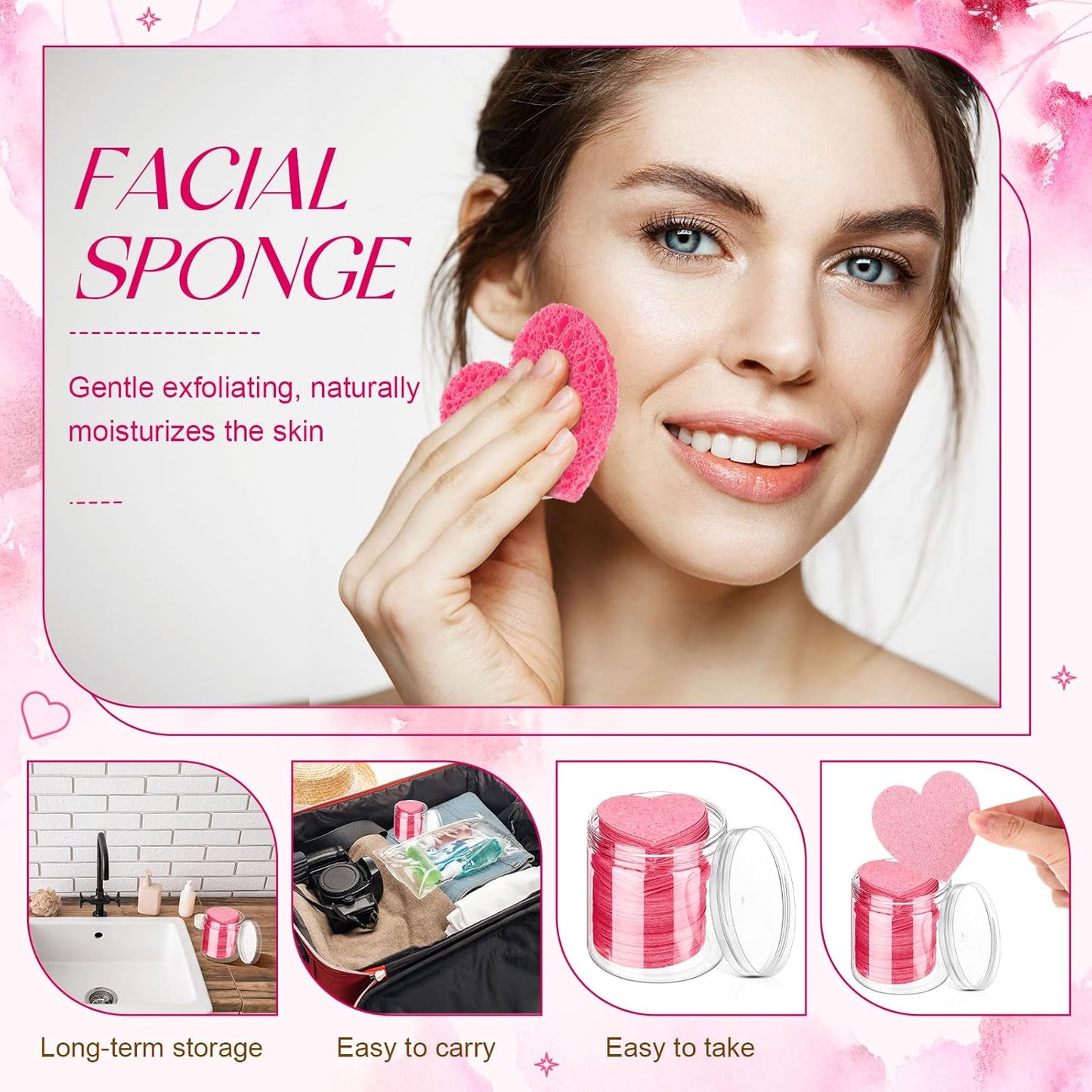Loopeer 96 Pcs Compressed Facial Sponges with Container Disposable Face Sponge Pads for Washing Face Cleansing Exfoliating Esthetician Makeup Removal (Pink)