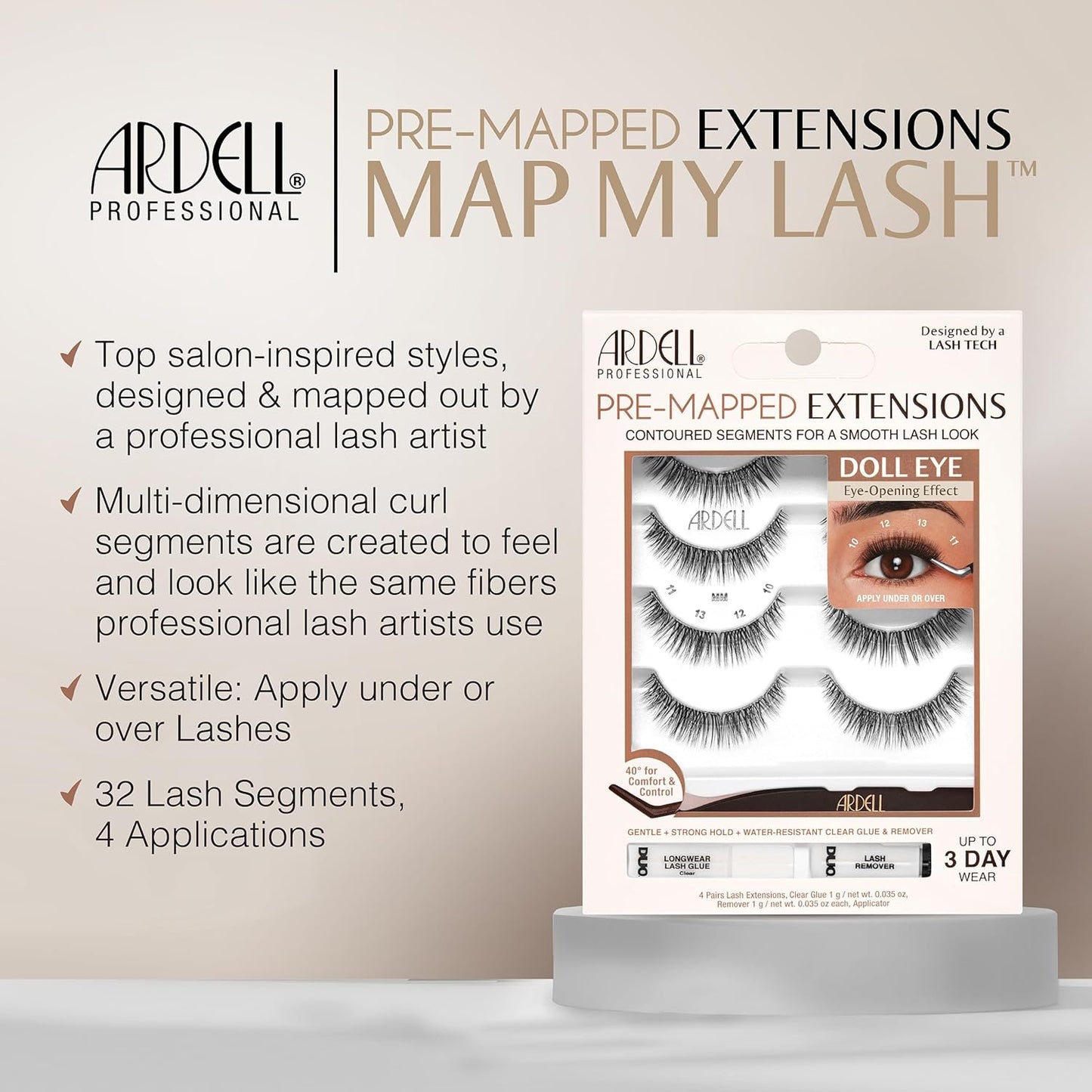 Ardell Pre-Mapped Eyelash Extensions Kit - False Lashes Doll Eye, Reusable Segmented Lash Strips, Long-Lasting with Lash Glue and Remover, 4 Pack