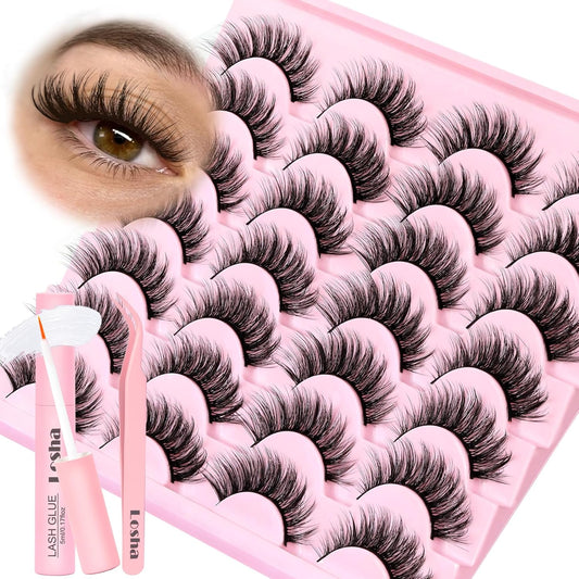 Losha Lashes Wispy False Eyelashes Natural Cat Eye Lashes Kit with Lash Glue and Lash Tweezers 14 Pairs Short Fake Eyelashes Soft Thin Faux Mink Lashes Pack (Lighter)