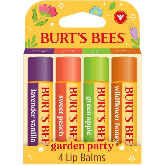 Burt's Bees Back To School Gifts Ideas - Garden Party Lip Balm Set, Lavender Vanilla, Sweet Peach, Green Apple, Wildflower Honey, Natural Origin Lip Treatment, 4 Tubes, 0.15 oz.