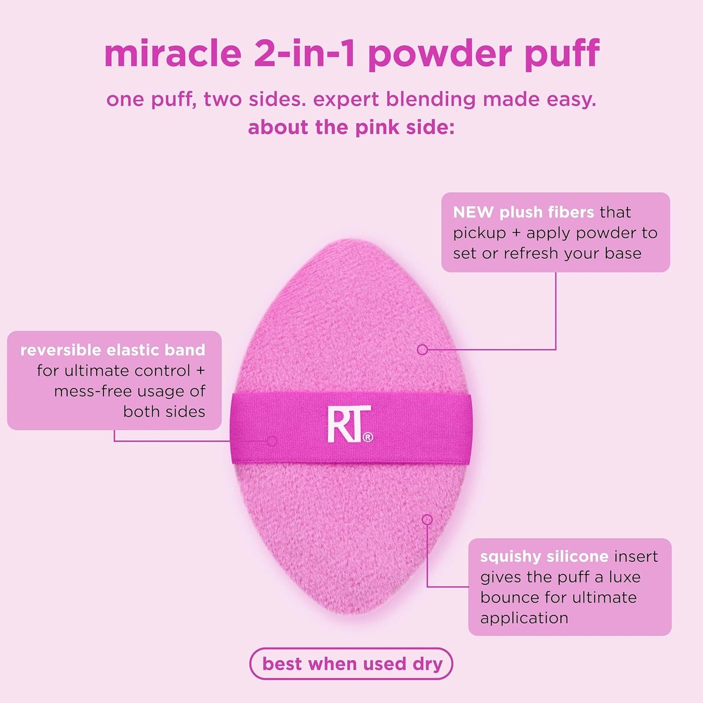 Real Techniques Miracle 2-In-1 Powder Puff 2 Pack, Dual-Sided, Full Size Makeup Blending Puff, Reversible Elastic Band, Makeup Sponge & Powder Puff, For Liquid, Cream & Powder Products, Crulety-Free