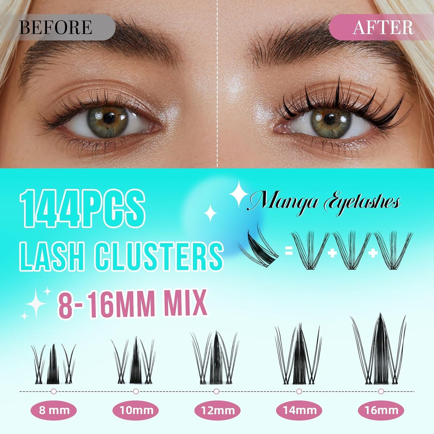 Manga Lash Clusters Kit 144PCS Fairy Eyelash Extension Kit with Lash Bond and Seal, Fake Eyelashes Clusters with Invisible Lash Band, Lash Glue Remover and Lash Applicators (8-16mm Kit,Black Bond)