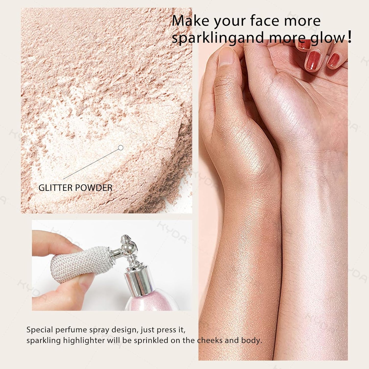 KYDA Highlighter Powder Spray, High Gloss Glitter Spray, Sparkling Powder Makeup, for Face and Body Glitter Cosmetic-Champagne Gold