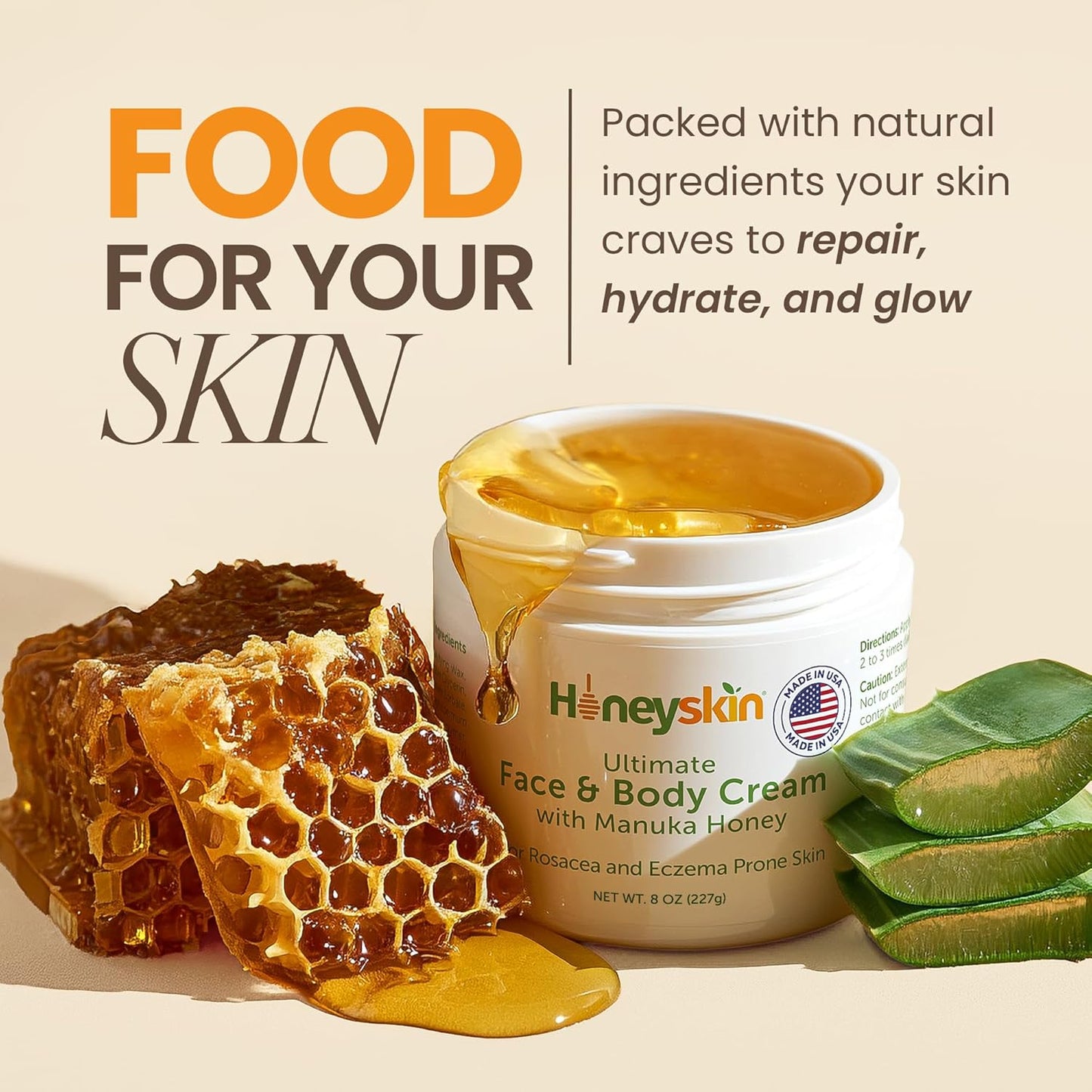 Hydrating Face Moisturizer & Body Cream with Manuka Honey Cream - Organic Face Moisturizer with Honey for Extremely Dry Skin - for Dry & Itchy Skin, Rosacea & Eczema Prone Skin 8oz