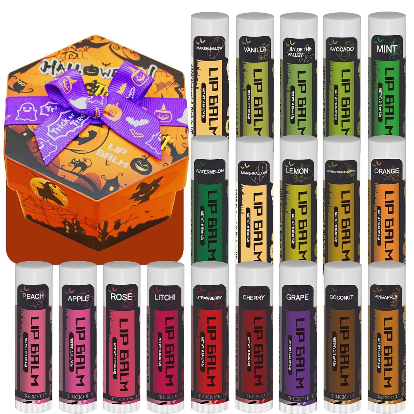 Yopela 19 Pack Halloween Natural Lip Balm Bulk with Vitamin E and Coconut Oil Lip Care Set - Moisturizing, Soothing, and Repairing Dry and Chapped Lips - 18 Flavors - Non-GMO
