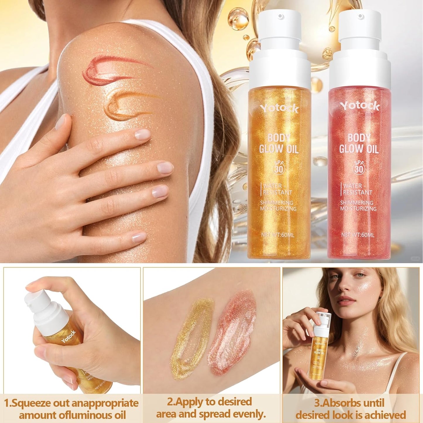 Body Glow Oil, SPF30 Moisturizing Body Oil Shimmer Rose Gold Mica Sunscreen,Coconut Glitter Body Oils for Women Nourishes Dry Skin, Lightweight, Moisturizer and Water Resistant 3.38 fl oz